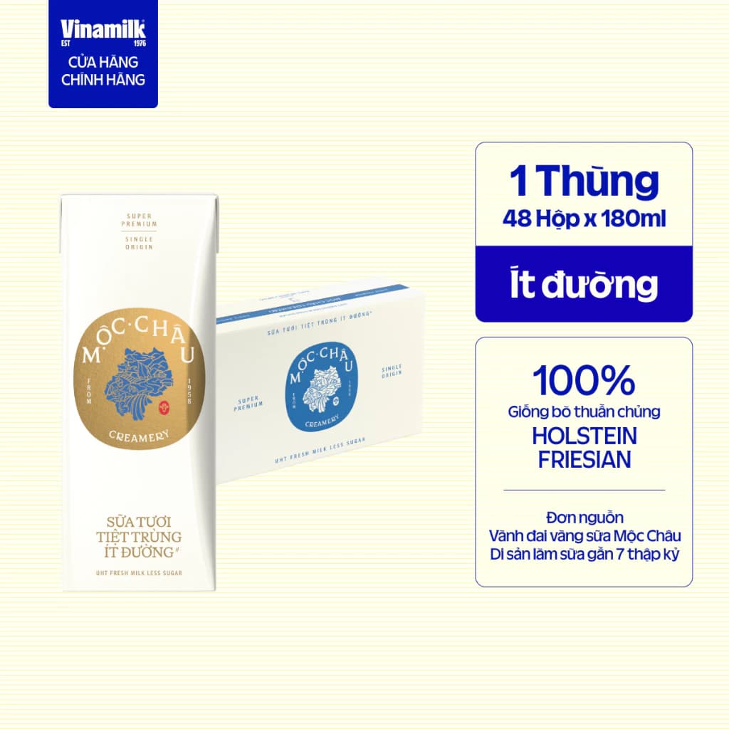 Thùng 48 Hộp Sữa Tươi Tiệt Trùng Mộc Châu Creamery 180ml - Lốc 4 Hộp 180ml