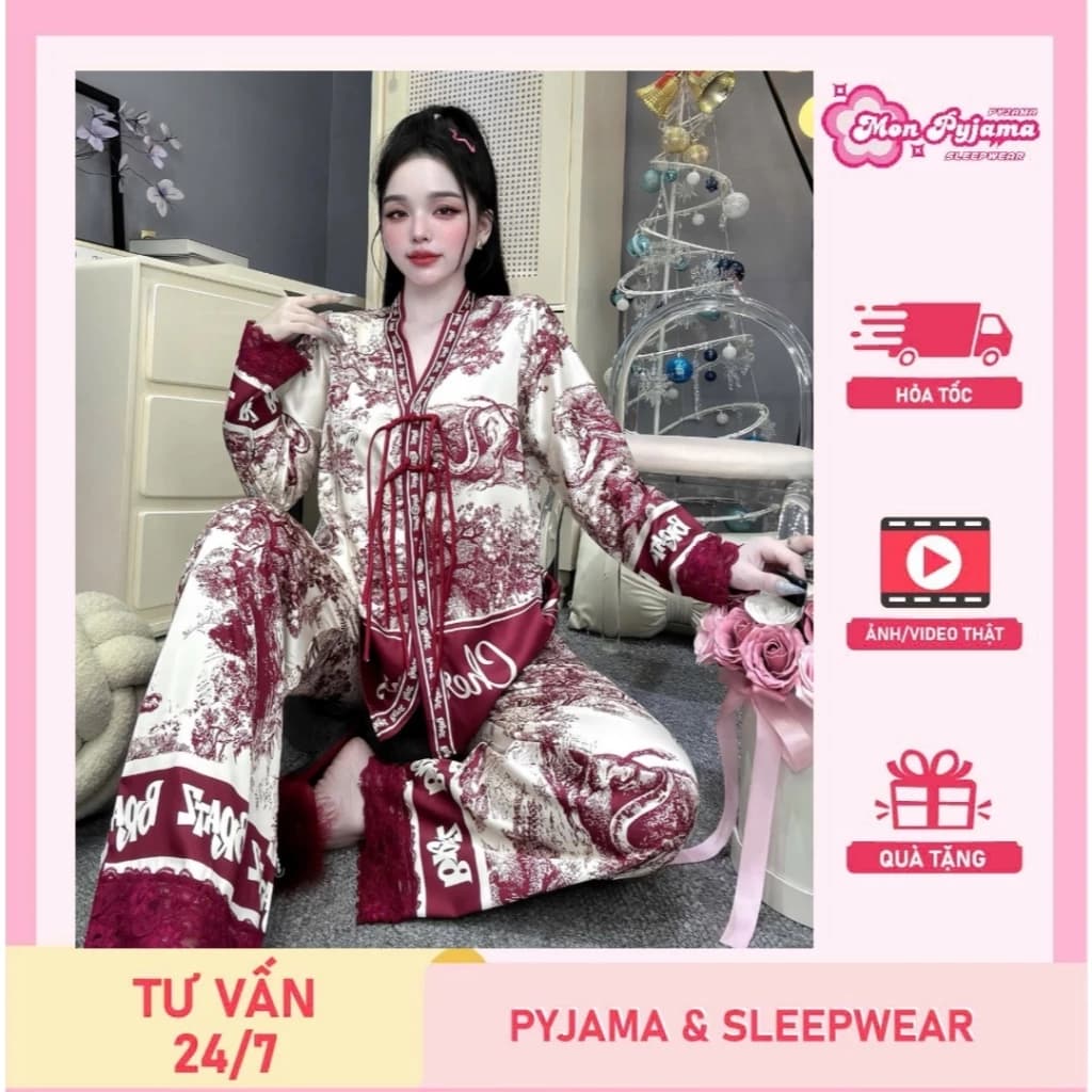 Đồ ngủ dễ thương,đồ bộ nữ đồ mặc nhà,set đồ nữ cổ Y nút thắt lụa mềm mịn mát dài tay hottrend [310]