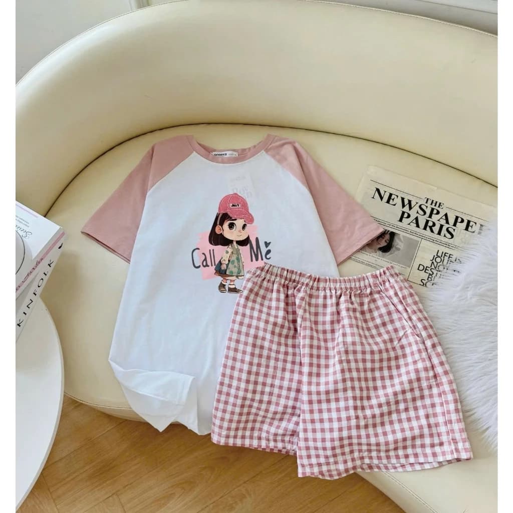[RẺ VÔ ĐỊCH] Sét bộ đùi Áo ngắn tay và quần đùi caro in hình cô gái dể thương,Đồ bộ mặc nhà, mặc ngủ dáng rộng thoải mái