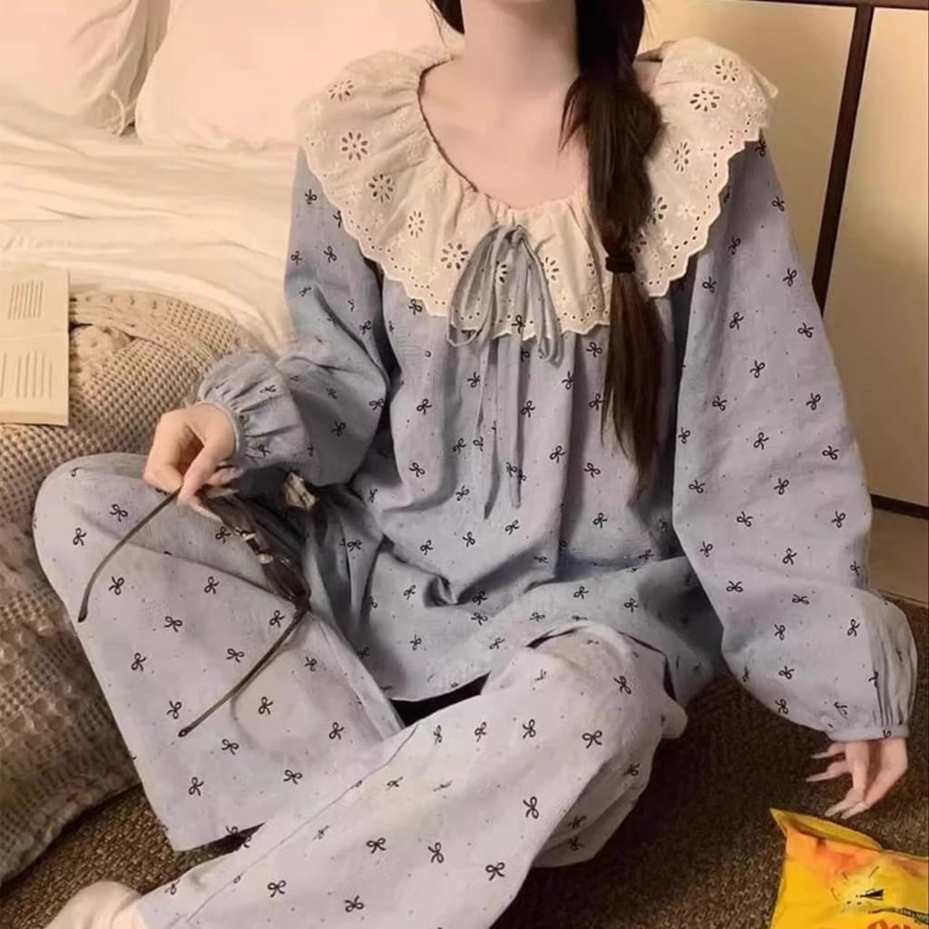 Bộ Pijama Nữ Dài Tay Cổ Bèo Ren Vintage