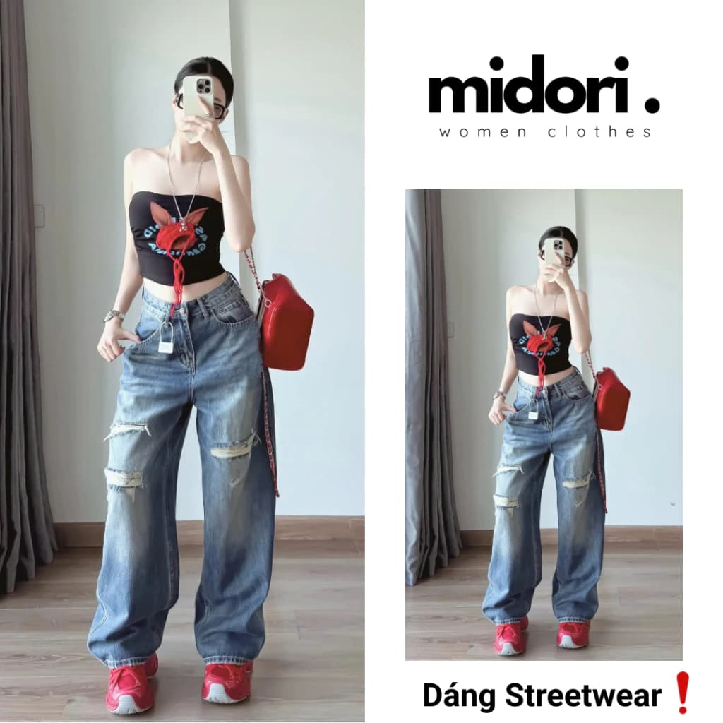 Quần Jeans Ống Rộng Rách Gối Unisex - Quần Denim Baggy Rách Gấu Phôi Màu Vintage Bụi Bặm MS388