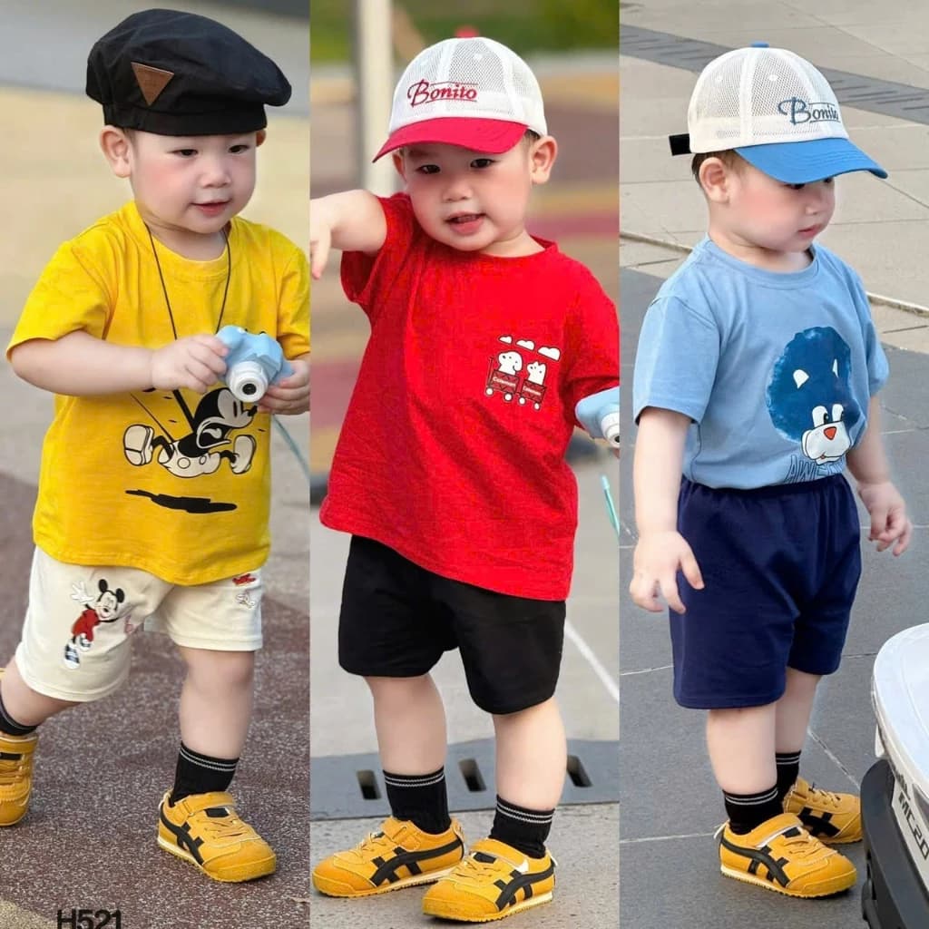 Bộ Cộc Tay Sắc Màu Cho Bé Phối Màu Nổi Bật Hình In Đáng Yêu Chất Liệu Cotton Mịn Size 8-20kg