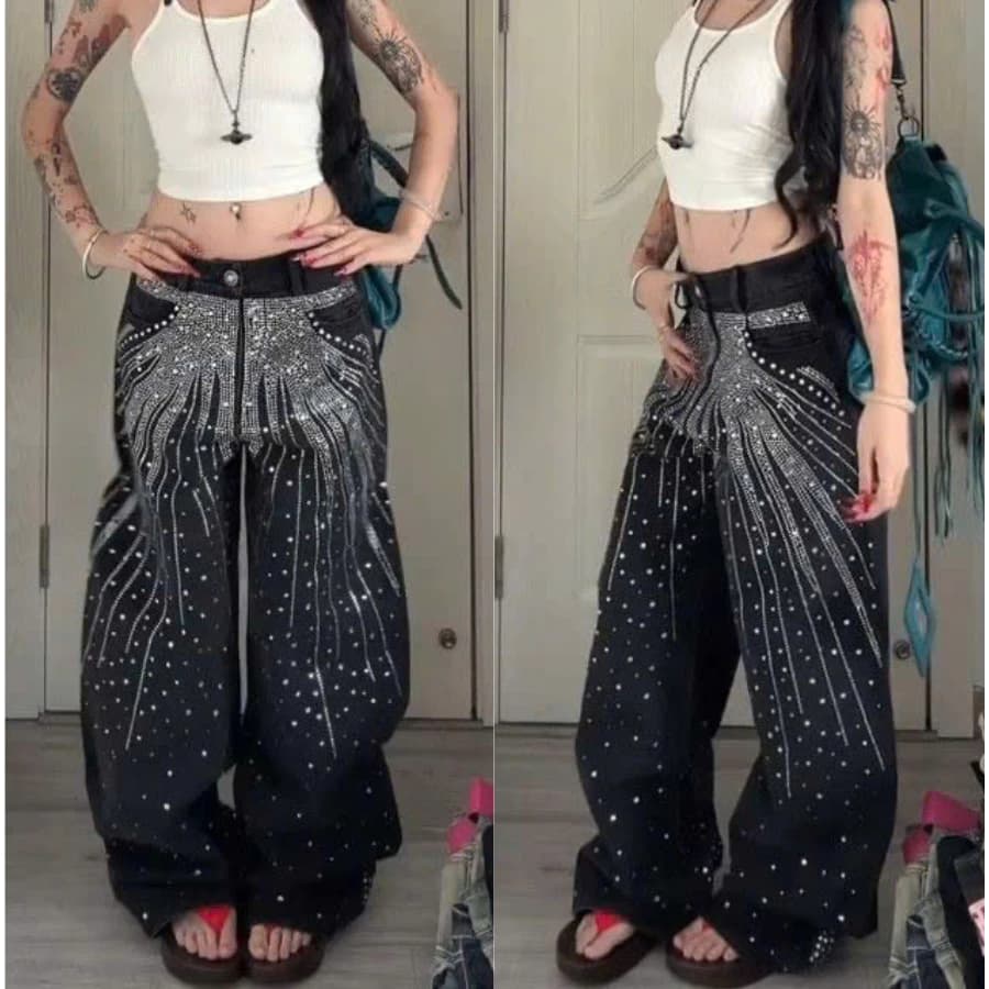 [DEAL MỚI] Quần Jean Đen Đính Hạt Lấp Lánh – Glam Rhinestone Baggy Pants