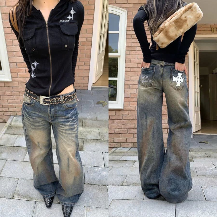 [DEAL MỞ BÁN] Baggy Denim Ống Rộng Cạp Thấp - Wash Loang & Cross Sau Túi