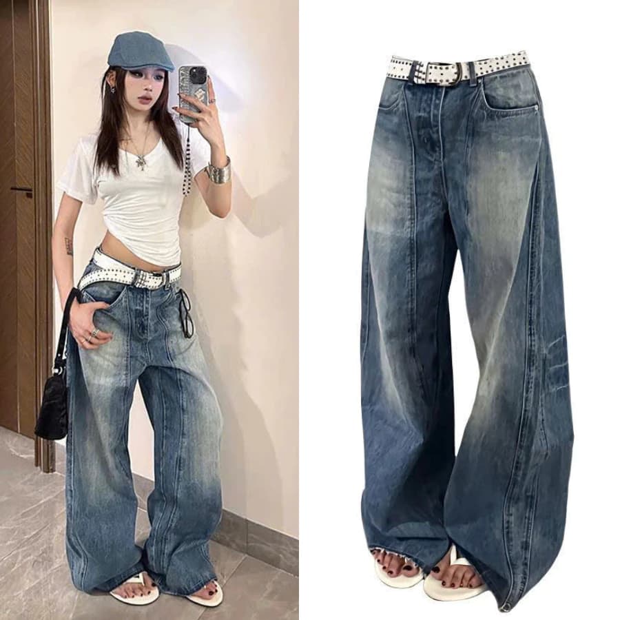 [DEAL MỞ BÁN] Baggy Jeans Nữ Ống Rộng Dài Rũ – Low Rise, Drawstring Waist, Vintage Wash
