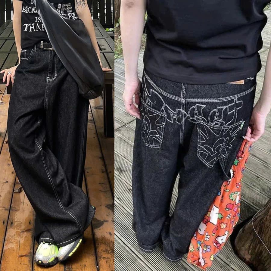 [DEAL MỞ BÁN] Quần Jean Baggy Đen Thêu Họa Tiết Túi Sau - Phong Cách Vintage/Street