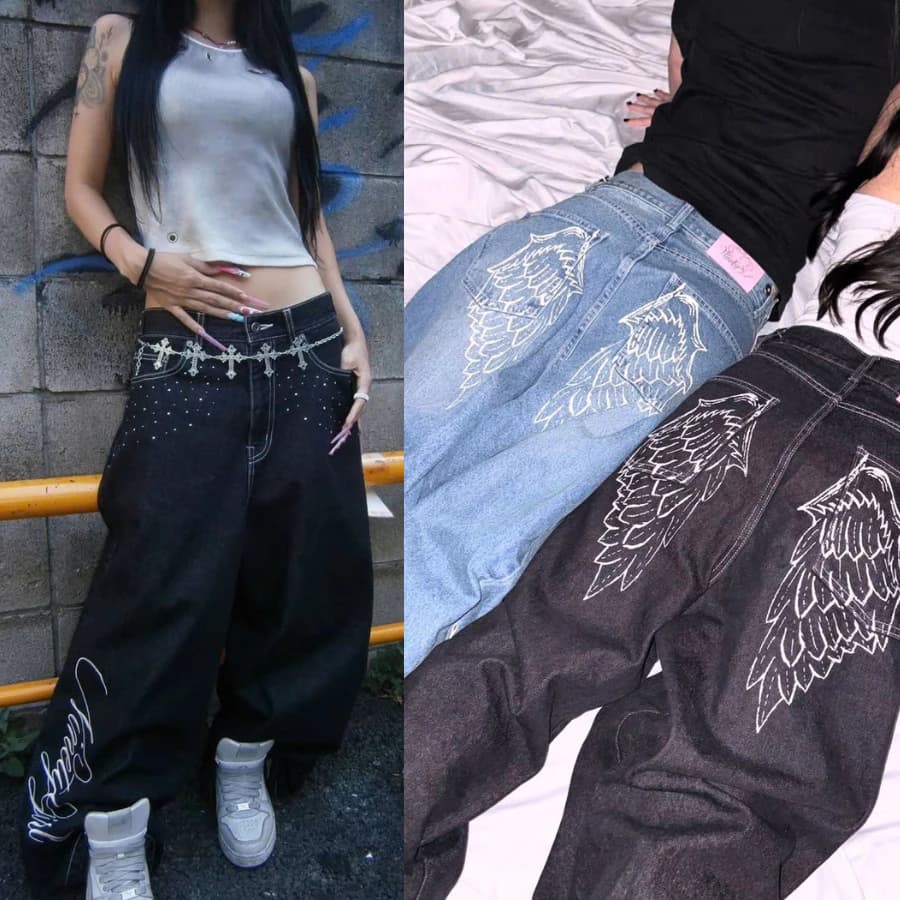 [DEAL MỞ BÁN] Quần Jean Ống Rộng Nữ Cánh Angel Embroidery - Wholesale, Harajuku