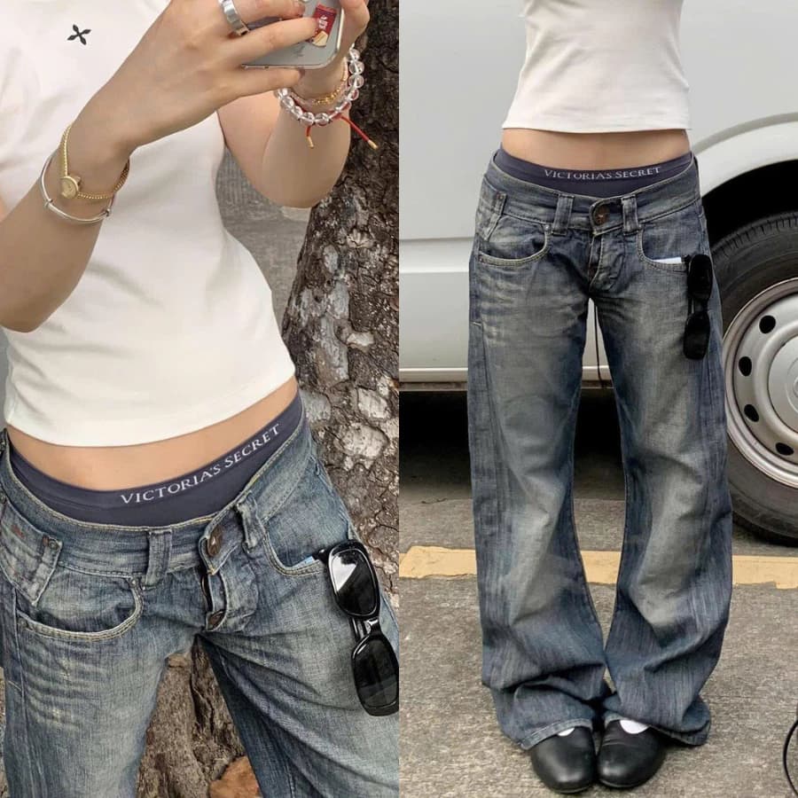 [DEAL MỞ BÁN] Quần jeans nữ cạp trễ dáng suông ống rộng phong cách Y2K retro cá tính