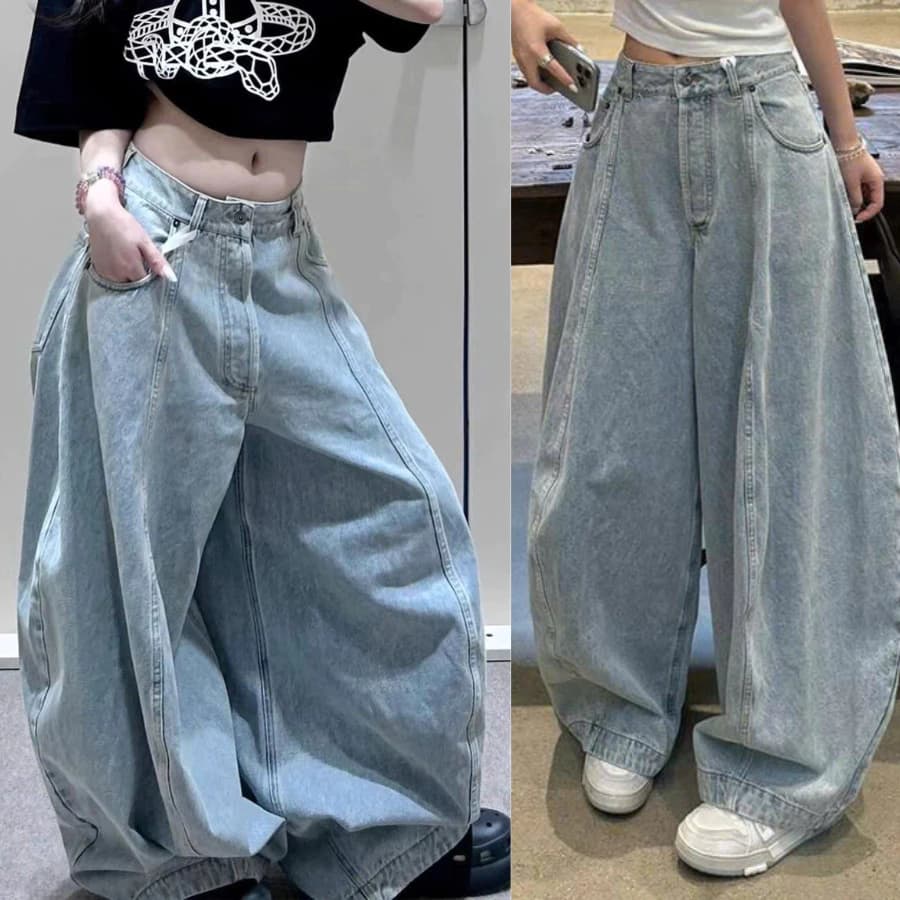 [DEAL MỞ BÁN] Quần Jean Nữ Baggy Ống Siêu Rộng Wash Xanh Lưng Cao – Vintage