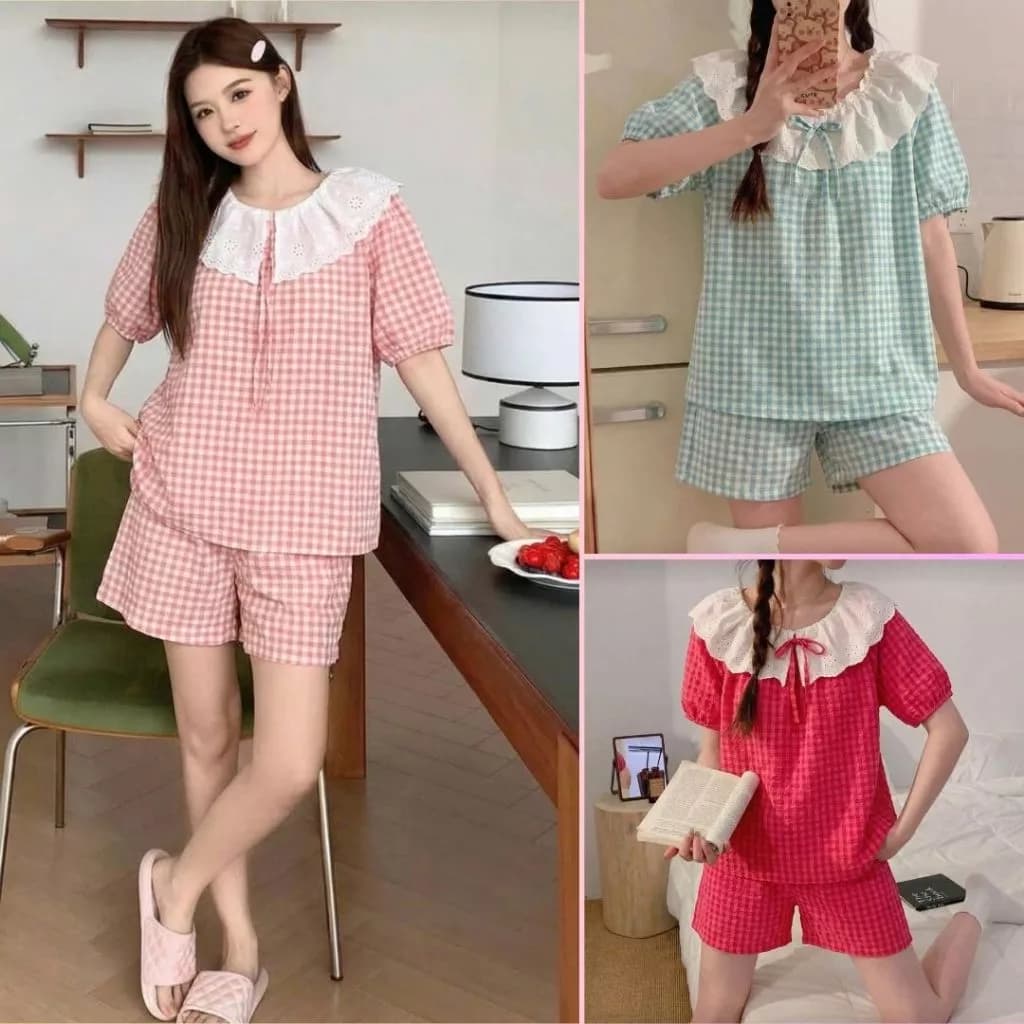 Bộ pijama caro nữ cổ ren chất đũi mềm mát mịn, đồ bộ mặc nhà kiểu dáng tiểu thư ren cổ hot hit B12ĐUI