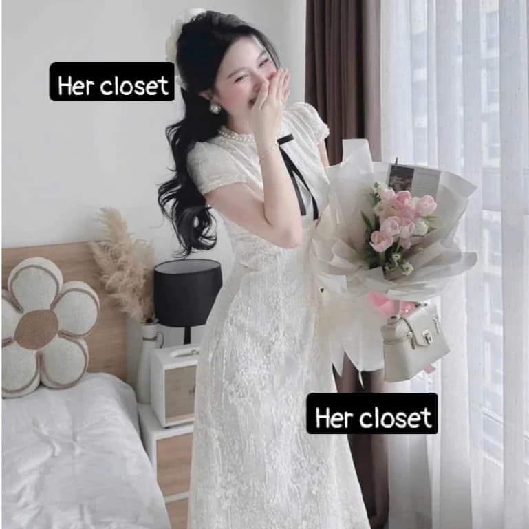 [HÀNG LOẠI 1] Váy cổ tròn kèm nơ dáng dài đầm ren cổ tròn kèm nơ dáng dài váy mixi đầm mix sang chảnh đầm đi tiệc, sẵ...
