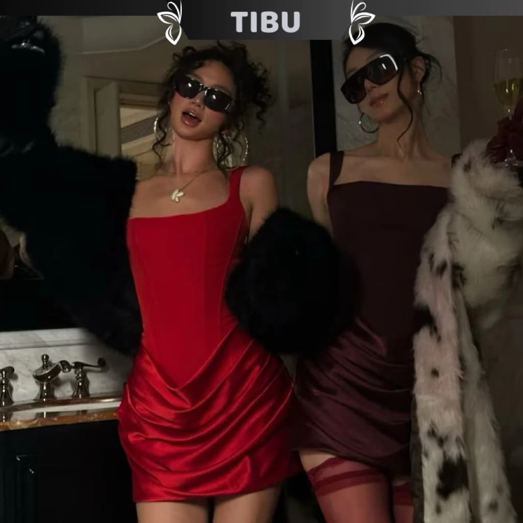TIBU - Đầm Lụa Dự Tiệc Hai Dây Cổ V Phối Đuôi Nhún Đổ Sang Chảnh Đi Chơi Tết Noel B