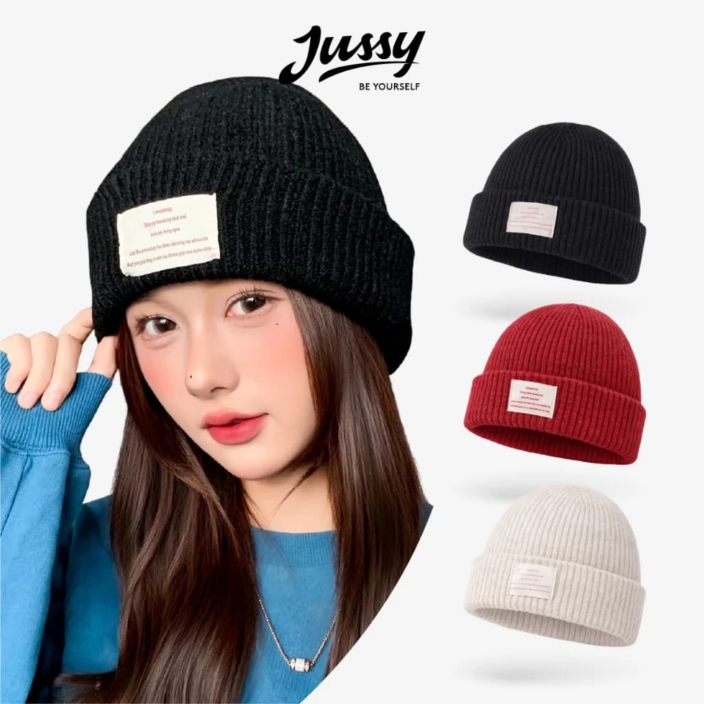Mũ Len Dệt Kim JML44 Jussy Official Nón Len Dệt Kim Dày Ấm Áp Tag Vuông Màu Pastel Phong Cách Hàn Quốc Unisex Nam Nữ