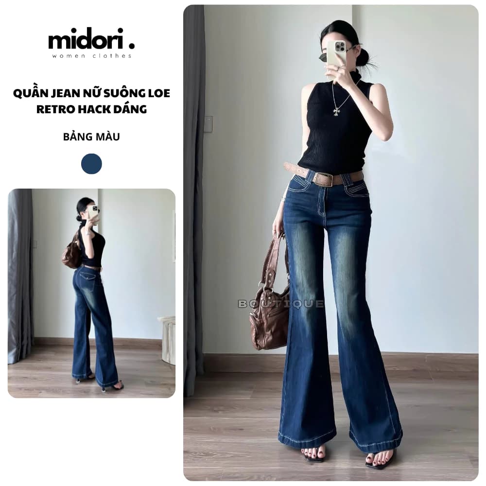 Quần jean nữ ống loe túi nắp xanh Retro Y2K Midori Shop Quần bò nữ cao cấp jean mềm CL10