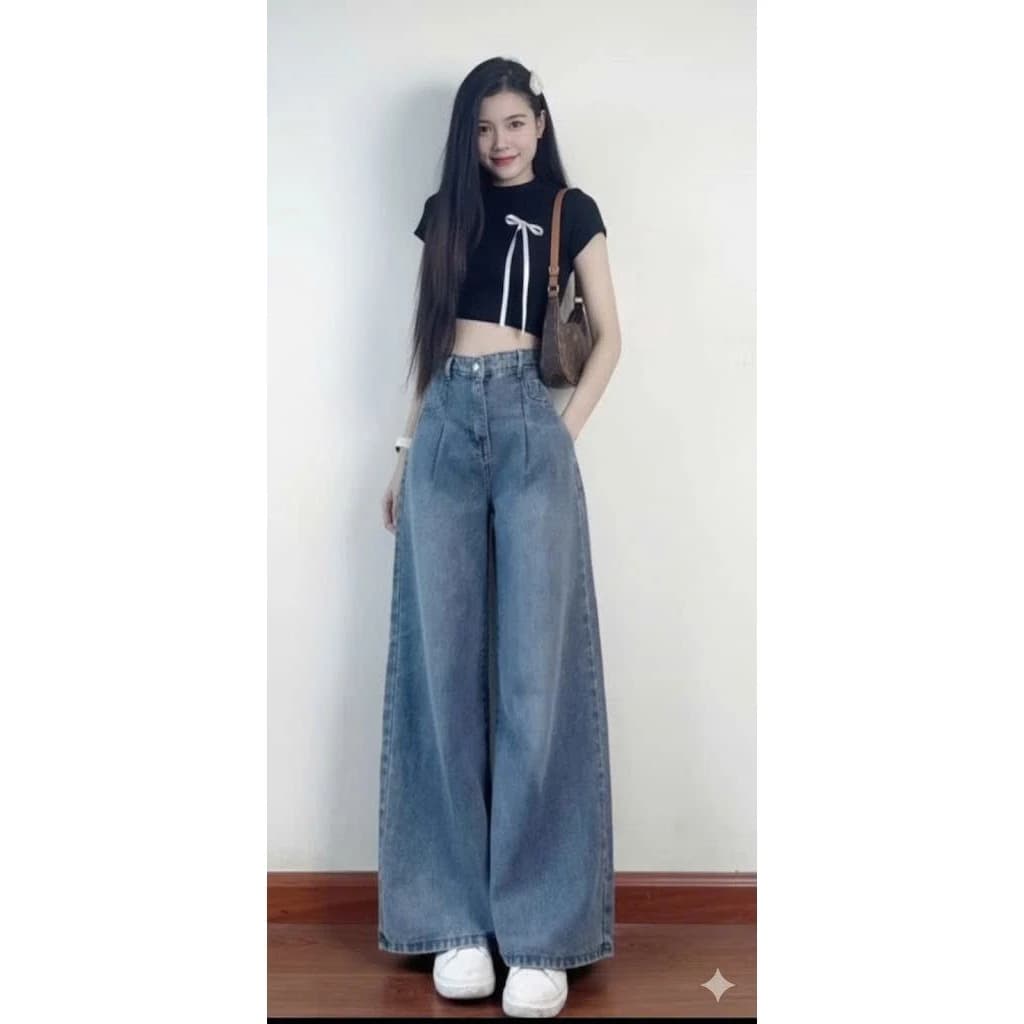 Quần jean nữ ống rộng, quần baggy nữ chất demin cạp cao thời trang DV66