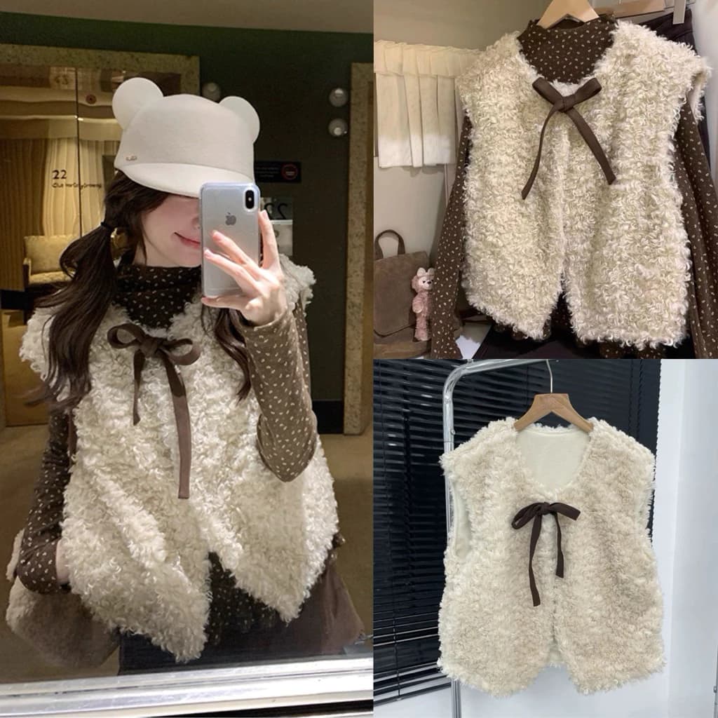 ( HÀNG LOẠI 1) Set Áo Gile Lông Cừu Thắt Nơ Mix Áo Thun Hoa Nhí Nâu Bèo Gấu Ulzzang siêu xinh