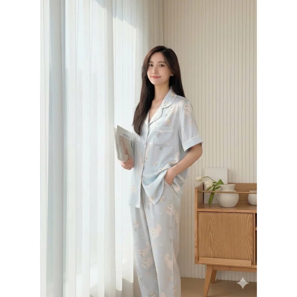 Đồ bộ ngủ pijama nữ quần dài áo cộc tay cổ bẻ điệu đà mặc nhà vải lụa latin tơ tằm mềm mát