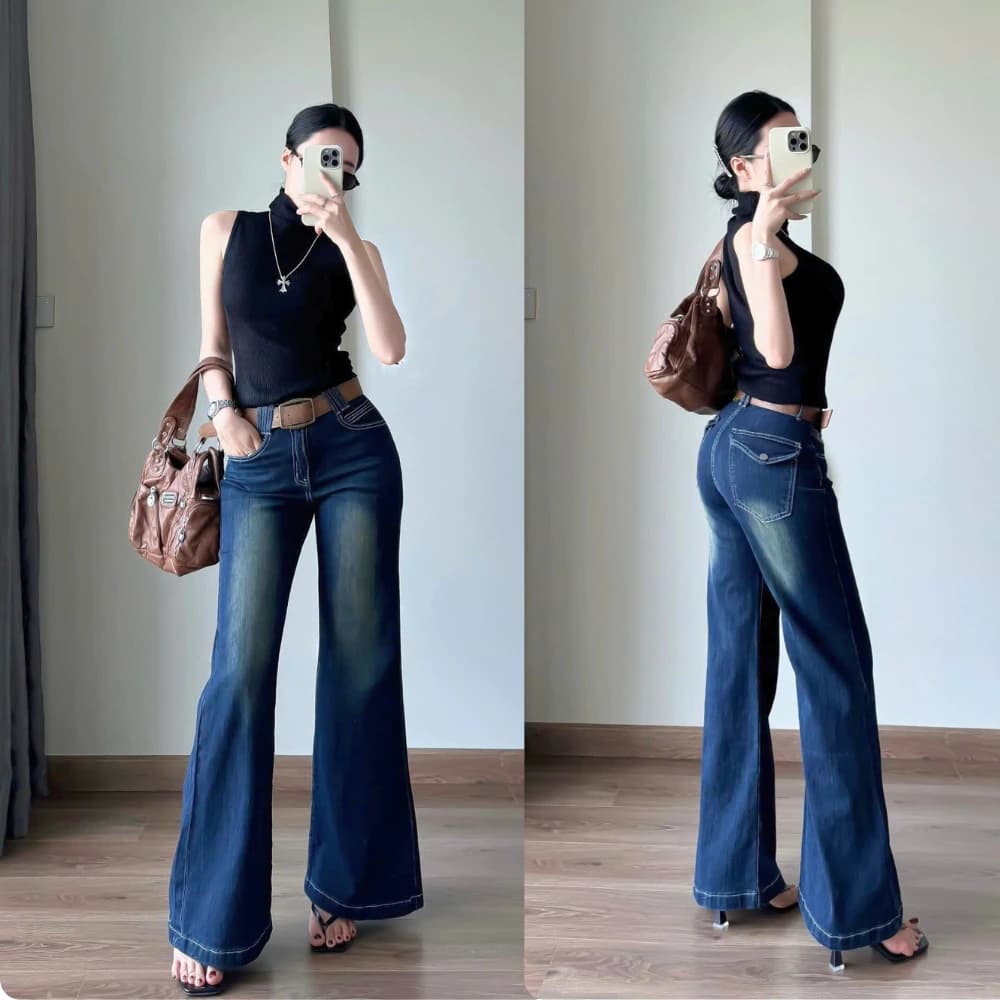 Quần Jean ống loe nữ trơn có túi nắp, Quần bò ống loe chất jean cao cấp co dãn sang chảnh CL10