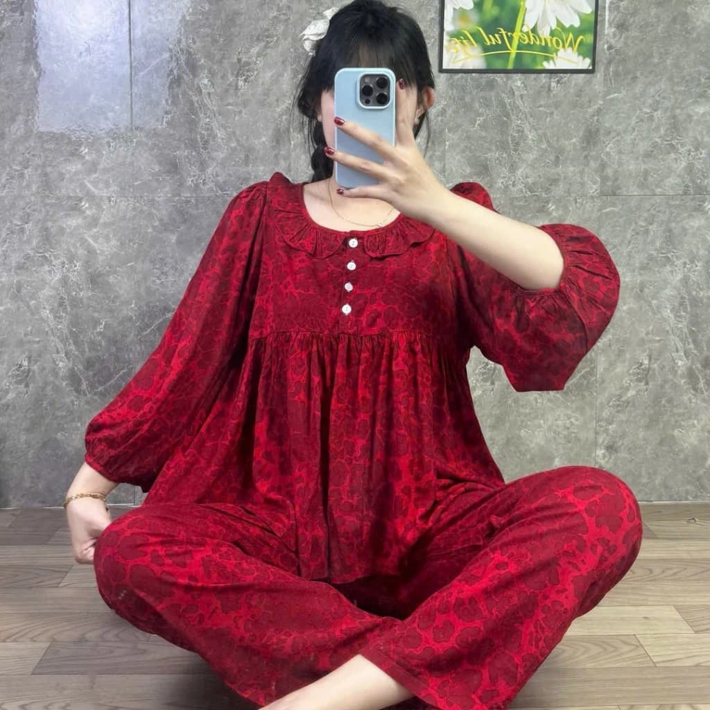 QUẦN DÀI BABYDOLL PHOM TO CỔ BÈO PHỐI NÚT TLD272 - Đồ Bộ Tole Lanh Nữ Mặc Nhà Tay Dài Quần Dài