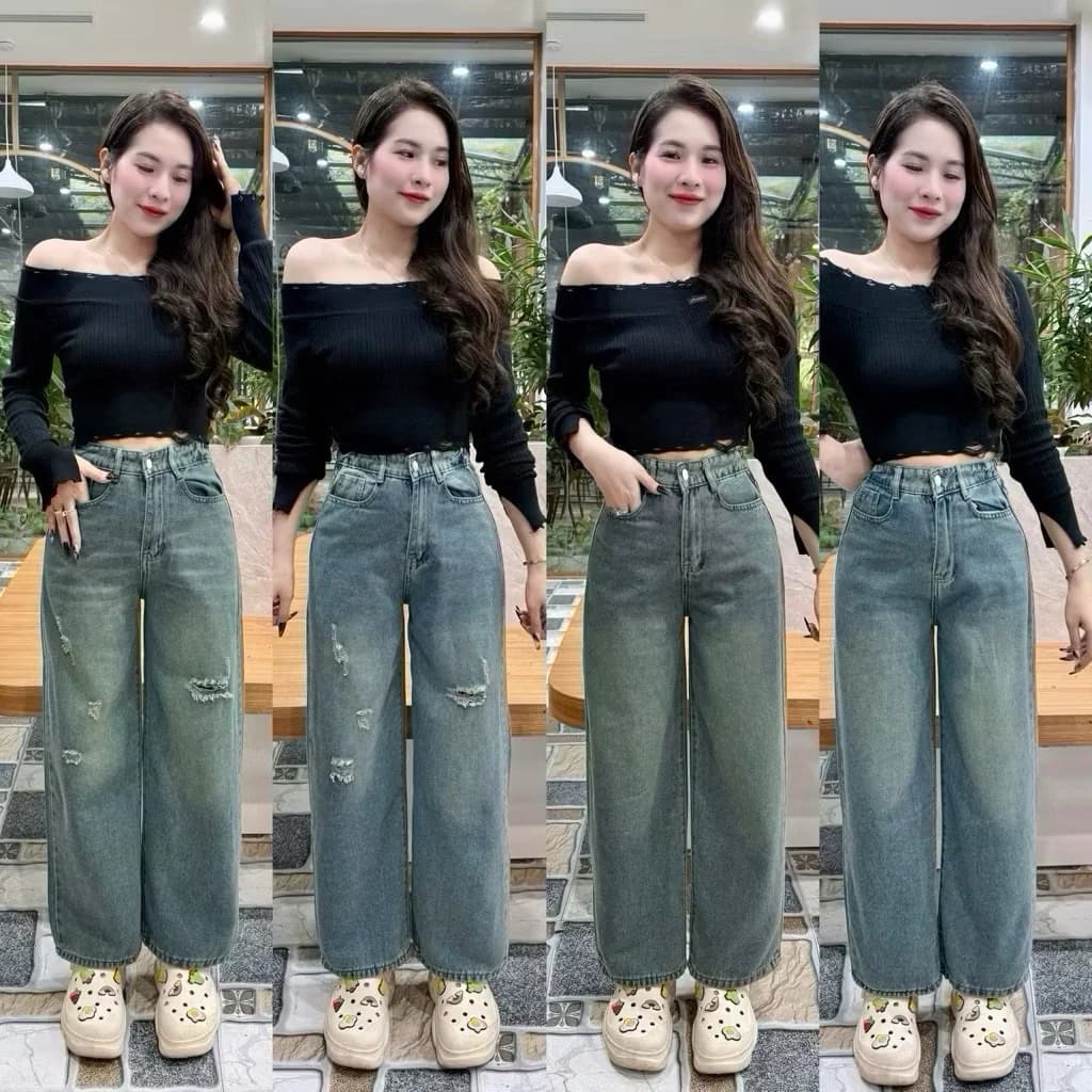 001 Quần jeans suông nấm 90cm cạp trước khoá sau chun vải jeans mềm mặc hách dáng và thoải mái