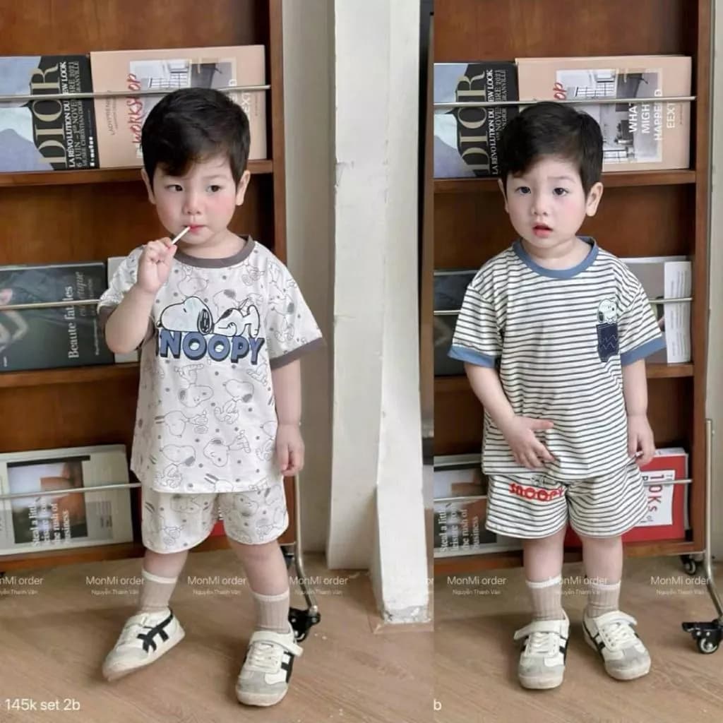 Bộ Quần Áo Cộc Tay In SNOOPY Và Kẻ Chất Vải Cotton mềm mát, co giãn tốt Dành cho bé từ 6-18 kg