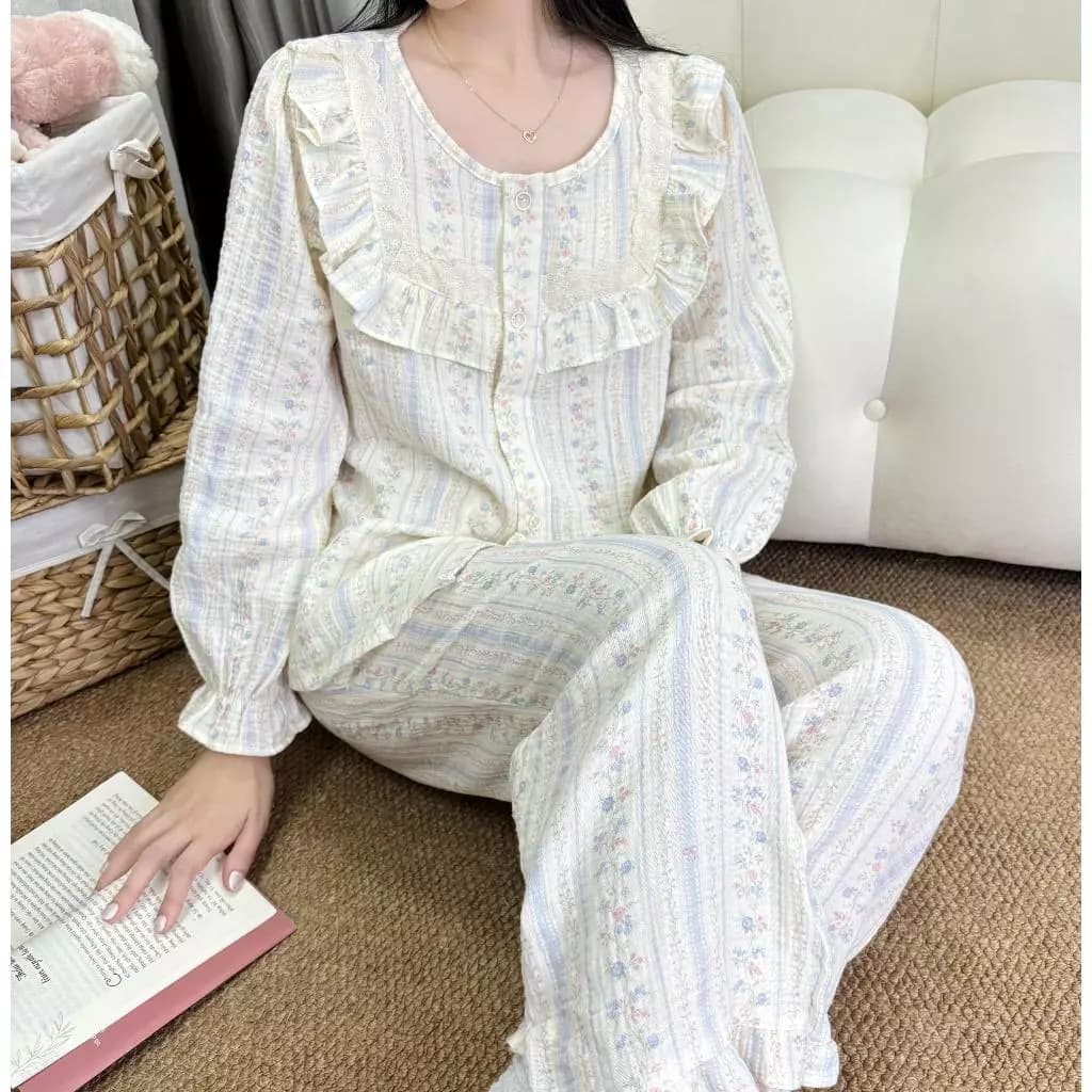 Bộ đồ ngủ cổ tròn xô Muslin TAY DÀI QUẦN DÀI phối ren mềm mại và thoáng khí
