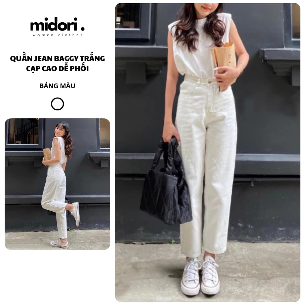 Quần jean baggy trắng trơn cạp lưng cao Midori Shop Quần baggy jeans bò mặc đi làm đi chơi HL202