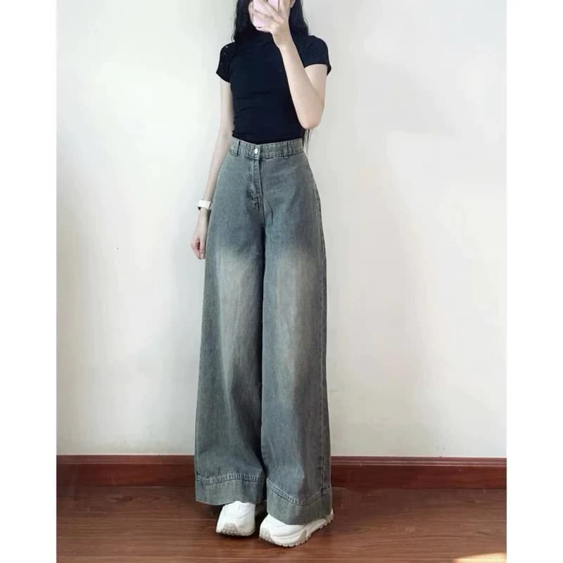 Quần jeans nữ ống suông ống rộng lưng cao tôn dáng màu xanh retro đi học đi làm đi chơi Back to School DV36