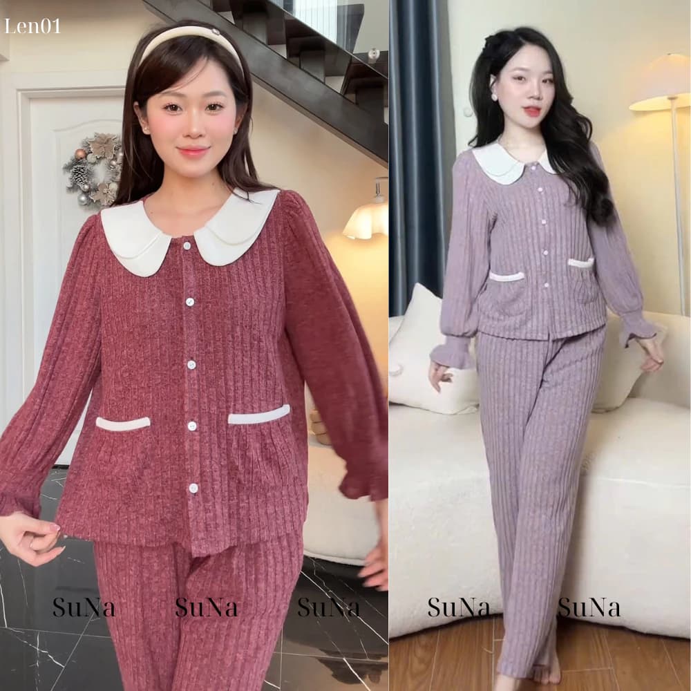 SÉT BỘ PIJAMA MẶC NHÀ CỔ SEN 2 TẦNG – LEN GÂN MỀM MẠI – MÃ LEN01