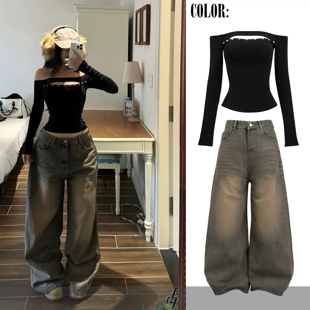 [ 𝐕𝐈𝐂𝐈𝐄 𝐀𝐔𝐓𝐔𝐌 ] Set áo trễ vai ôm body đính đá SLIMFIT chiết eo - Quần jeans ống rộng GRUNGE WASH JEANS-DANEJI