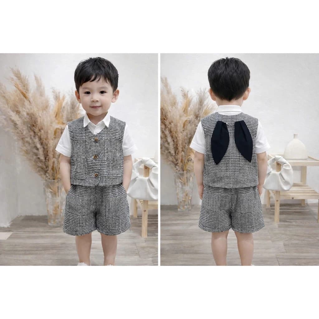 Set Bé Trai Áo Gile Caro + Quần Short Phong Cách Hàn Quốc Lịch Sự Đi Tiệc - 3bros