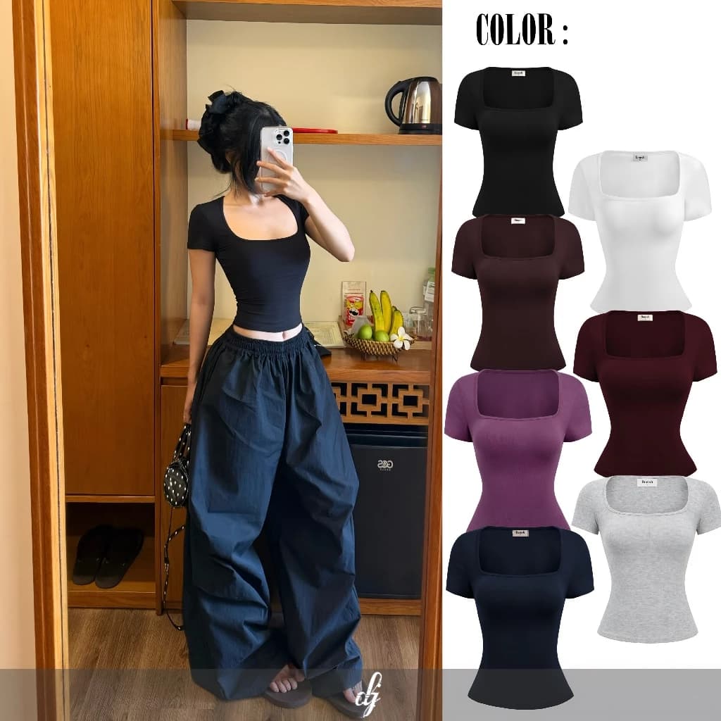 [ 𝐌𝐎𝐍𝐈𝐄 𝐓𝐎𝐏 ] Áo thun ôm SlimFit thiết kế cổ vuông tôn dáng, chiết eo, 𝐁𝐘 𝐃𝐀𝐍𝐄𝐉𝐈 ,hằng ngày, phong cách basic