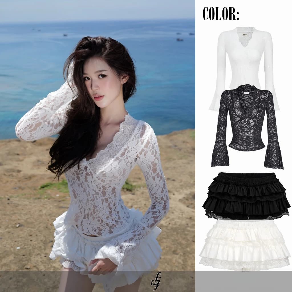 [ 𝐋𝐈𝐍𝐍𝐘 𝐒𝐇𝐈𝐄 ] Set áo ren tay dài phối ren , cổ V - Chân váy mini cạp trễ, có độ phồng , phối ren, hack hông