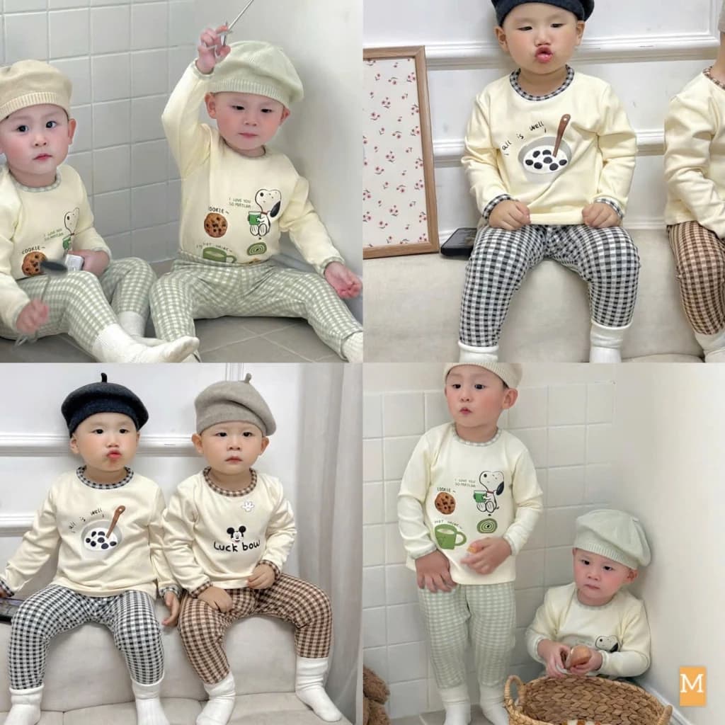 Bộ nỉ cotton dài tay ấm áp cho bé họa tiết caro phong cách hàn quốc