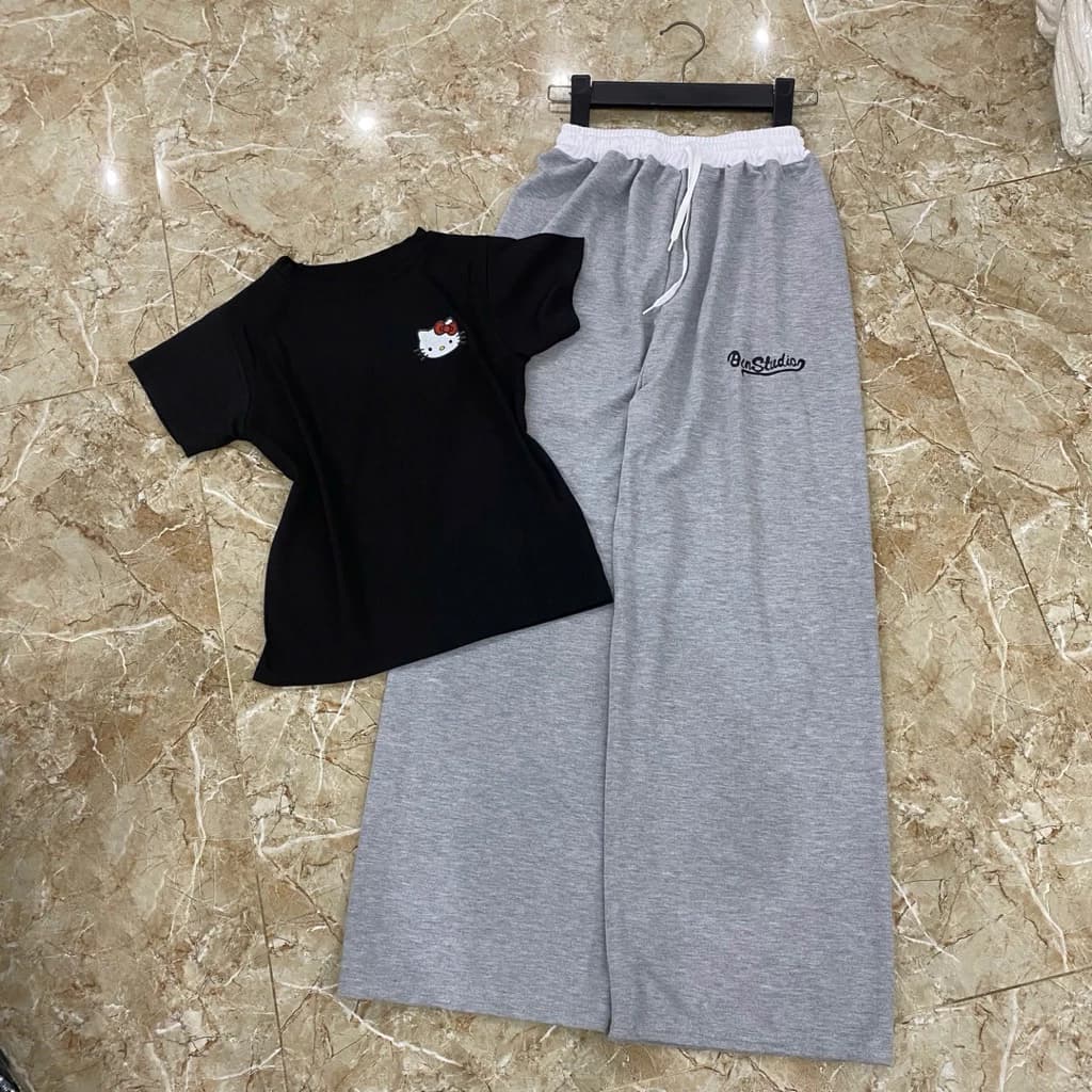 Sét bộ áo tăm kitty cộc mix quần xuông phối cạp