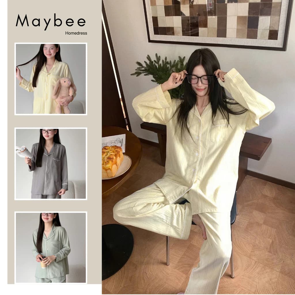 MB-SET-020 Bộ đồ ngủ kẻ nét đứt màu pastel viền né trắng Maybee Homedress