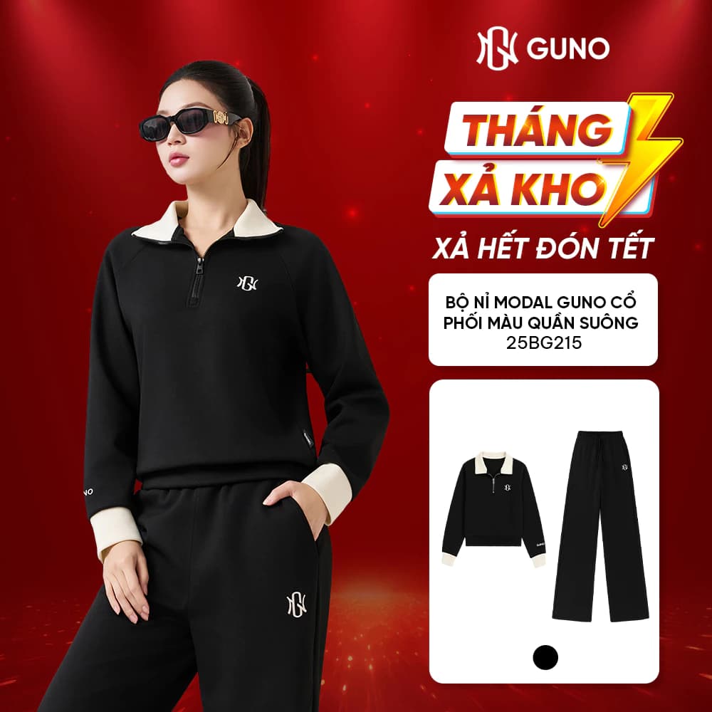 Bộ Quần Áo Thu Đông Nữ GUNO Nỉ Modal Cao Cấp Cổ Khoá Phối Màu Kèm Quần Suông Logo Thêu SP5 25BG215