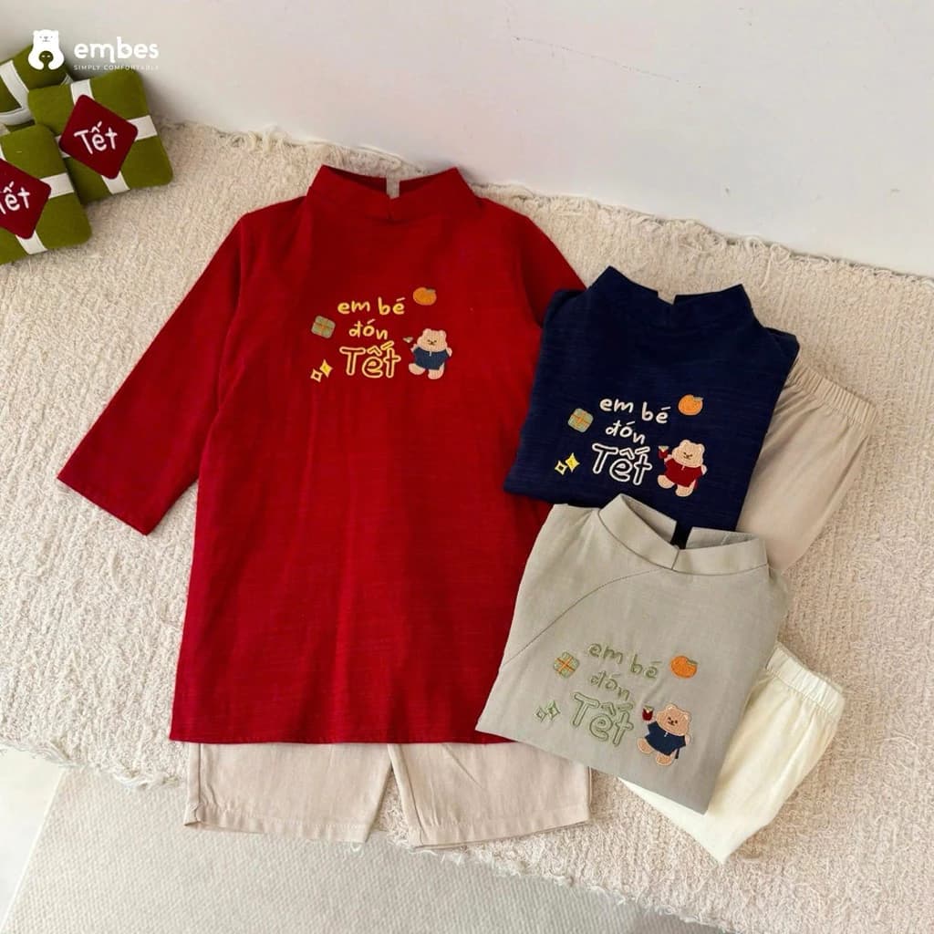 Set áo dài cho bé trai bé gái 8-30kg kiểu dáng basic, Áo dài cách tân em bé đón tết