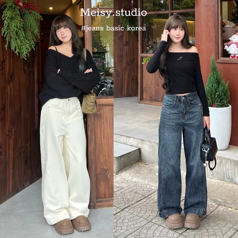 Quần Jeans nữ form dáng ống rộng màu đen than, màu be vải dày có viền sọc giữa phong cách basic Hàn Quốc QKV02