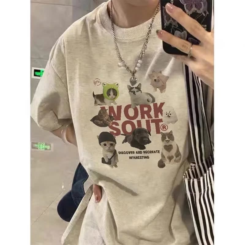 Áo thun nữ nam COTTON CAO CẤP  form rộng in hình CHÓ VÀ MÈO