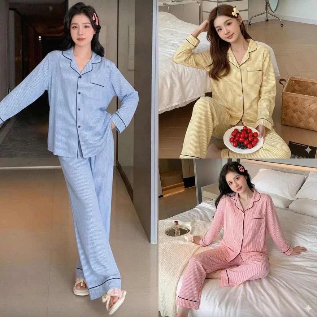Bộ đồ dài tay nữ kẻ sọc viền đen, set đồ ngủ quần dài áo dài thu dông đơn giản pijama mặc ở nhà Ulzzang B64