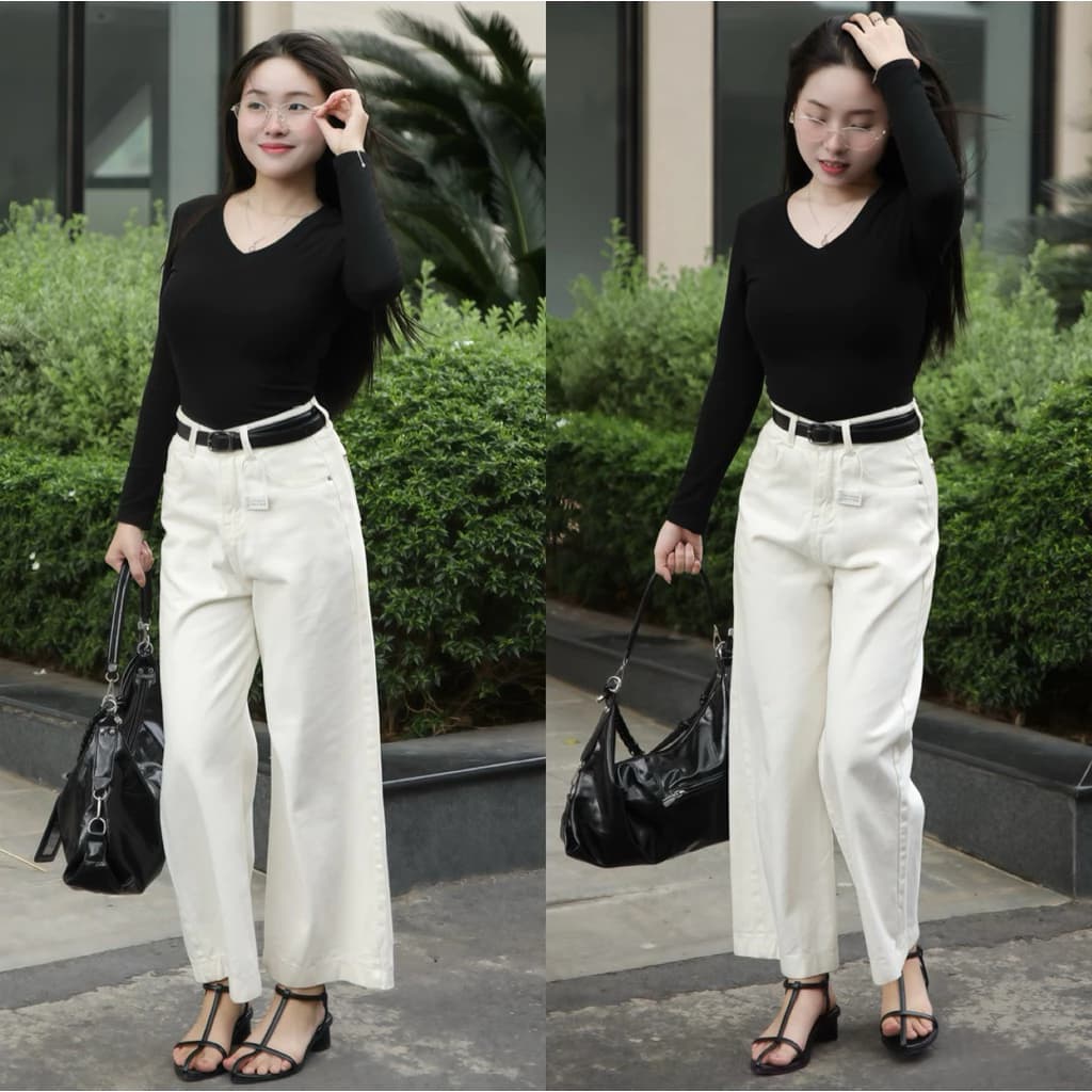 (90cm) Quần jean trắng suông nấm thêu túi , quần suông rộng , quần suông nấm ( Quần suông kaki ) 7099