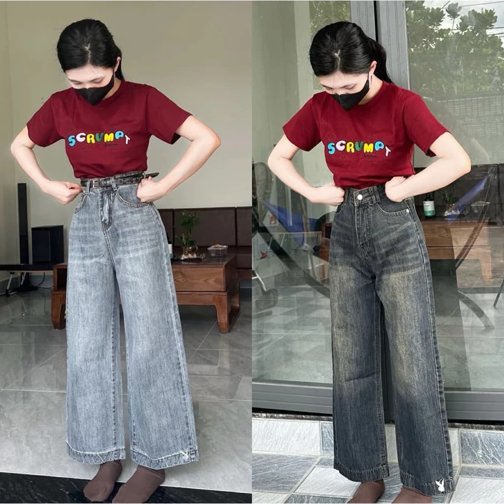 (94cm ) Quần Jean Nữ  Suông Rộng Thêu Lưng Kiểu QC . Jean ko giãn . Ống 25cm . Đủ Size S/M/L( S01 - Quần suông nấm ) 830