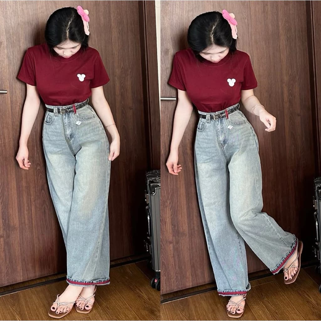 (82/87/97cm) Quần jean nữ ống suông viền đỏ , quần bò nấm ,  Đủ Size S/M/L ( 7377 )