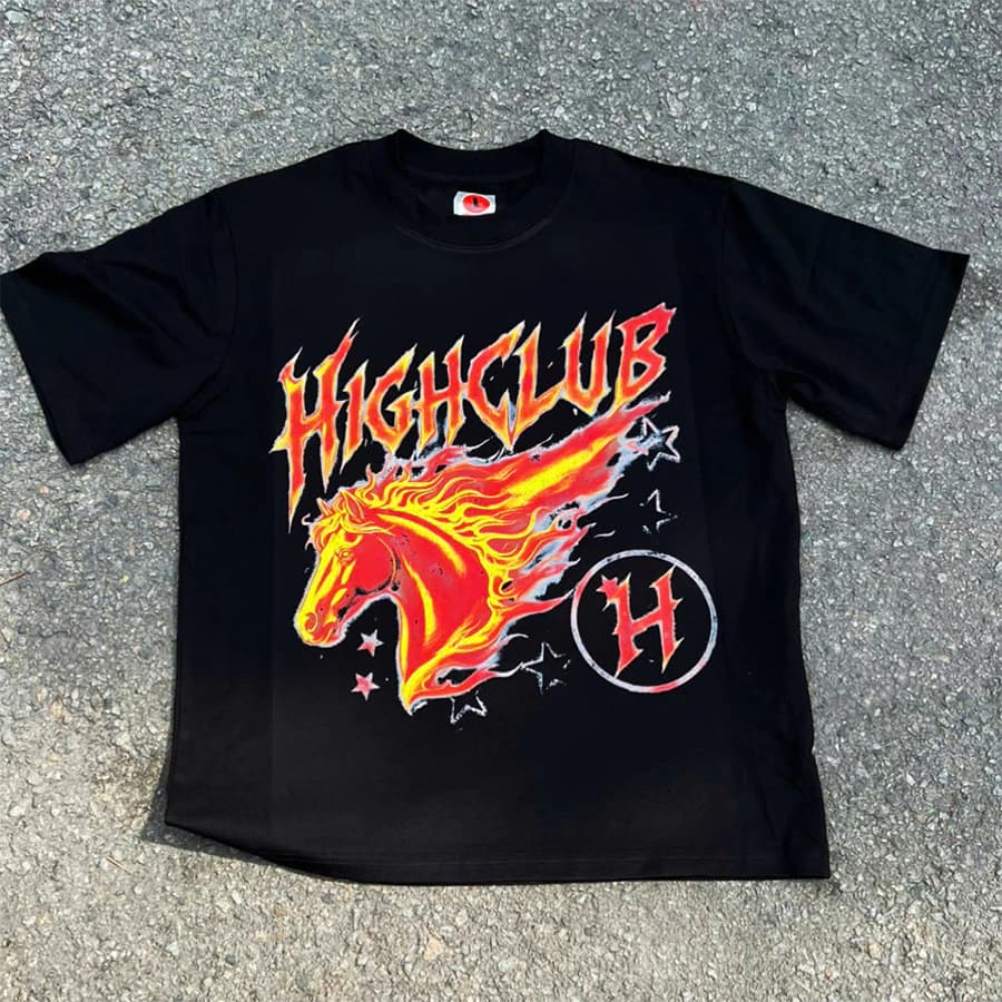 Áo thun FIRE HORSE Tee - HIGHCLUB Tay lỡ cổ tròn màu ĐEN - UNISEX