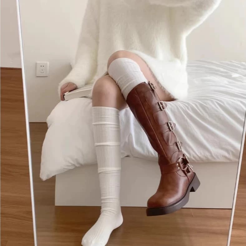 Tất Nữ Trắng TG2 Cao Quá Gối Mùa Thu Đông – Vớ Len Gân Co Giãn, Vớ Dài Kiểu Boot, Ôm Chân Tôn Dáng
