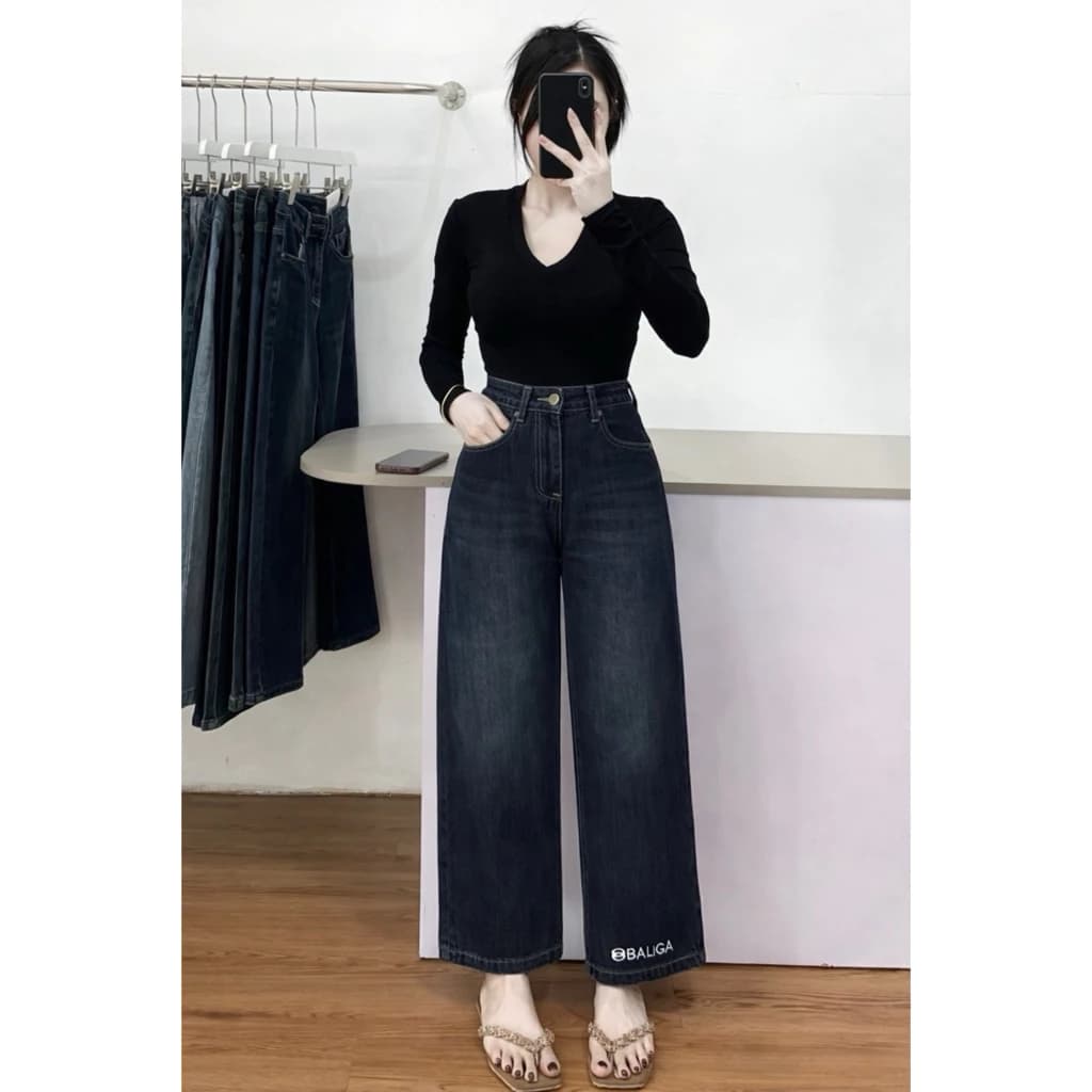 (90cm) Quần Jean Nữ  Suông Nấm Thêu Lai QC . Jean ko giãn  . Đủ Size XS/S/M/L Shop Nhí ( 7159 )