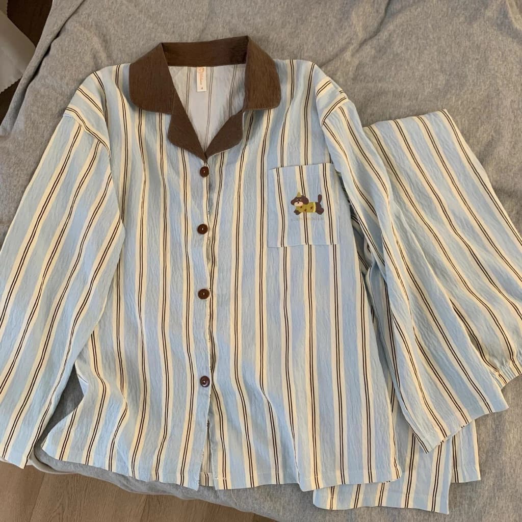 [Ord-853] Pijama dài tay cún hoạ tiết kẻ basic cho nữ form dáng rộng thoải mái dễ mặc phù hợp mặc ở nhà