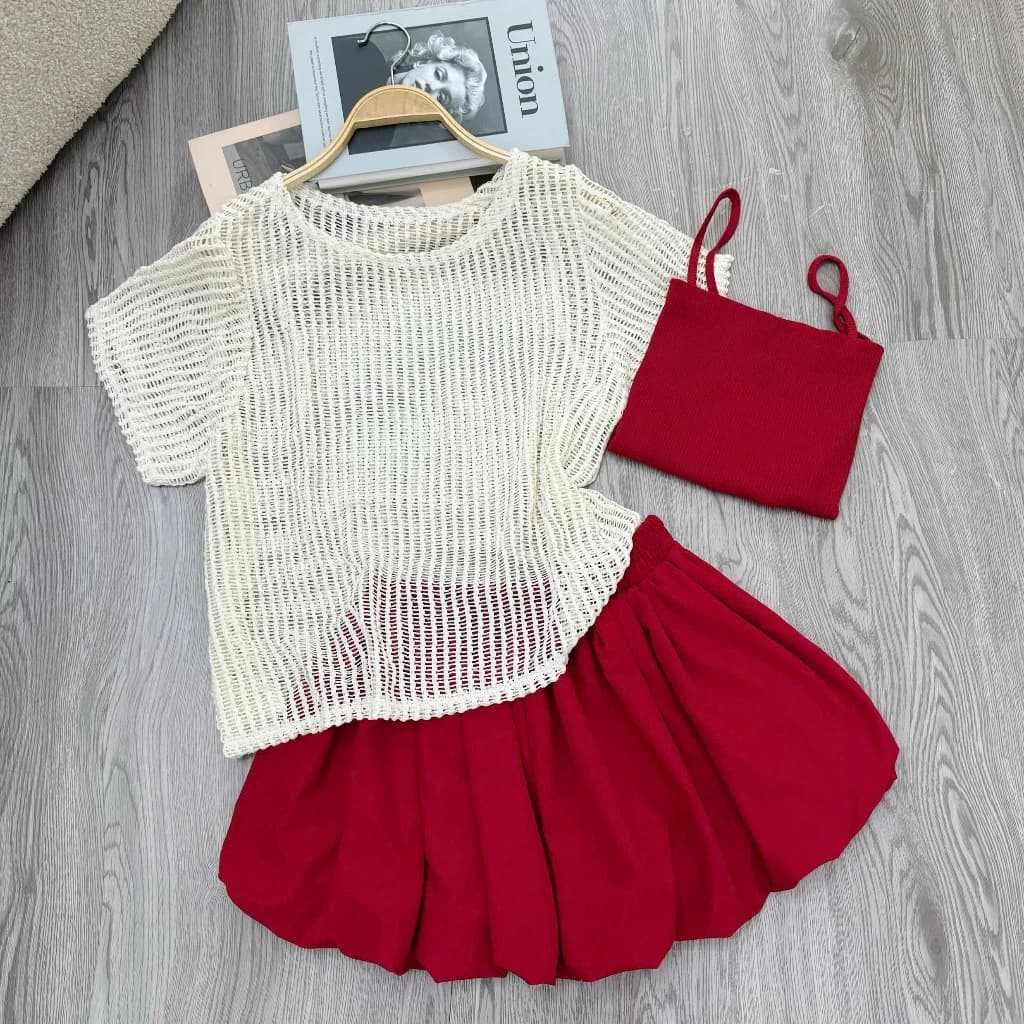Sét 3 món bigsize áo thun lưới tay ngắn form rộng kèm áo hai dây co giãn phối chân váy bí tùng xòe (A318+G118+CV413)