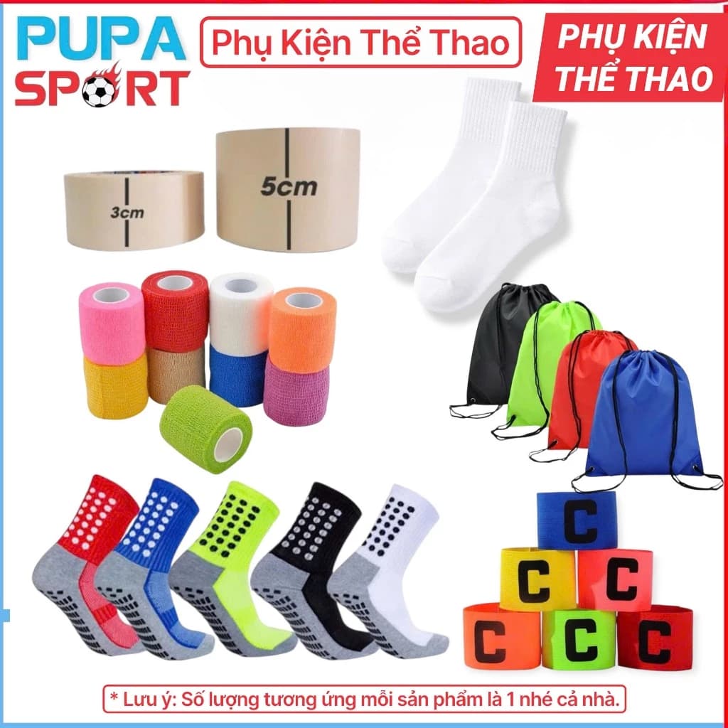 Phụ kiện thể thao PupaSport: Tất vớ chống trượt, băng đội trưởng, túi rút, băng quấn nano 3cm 5cm, băng quấn vải